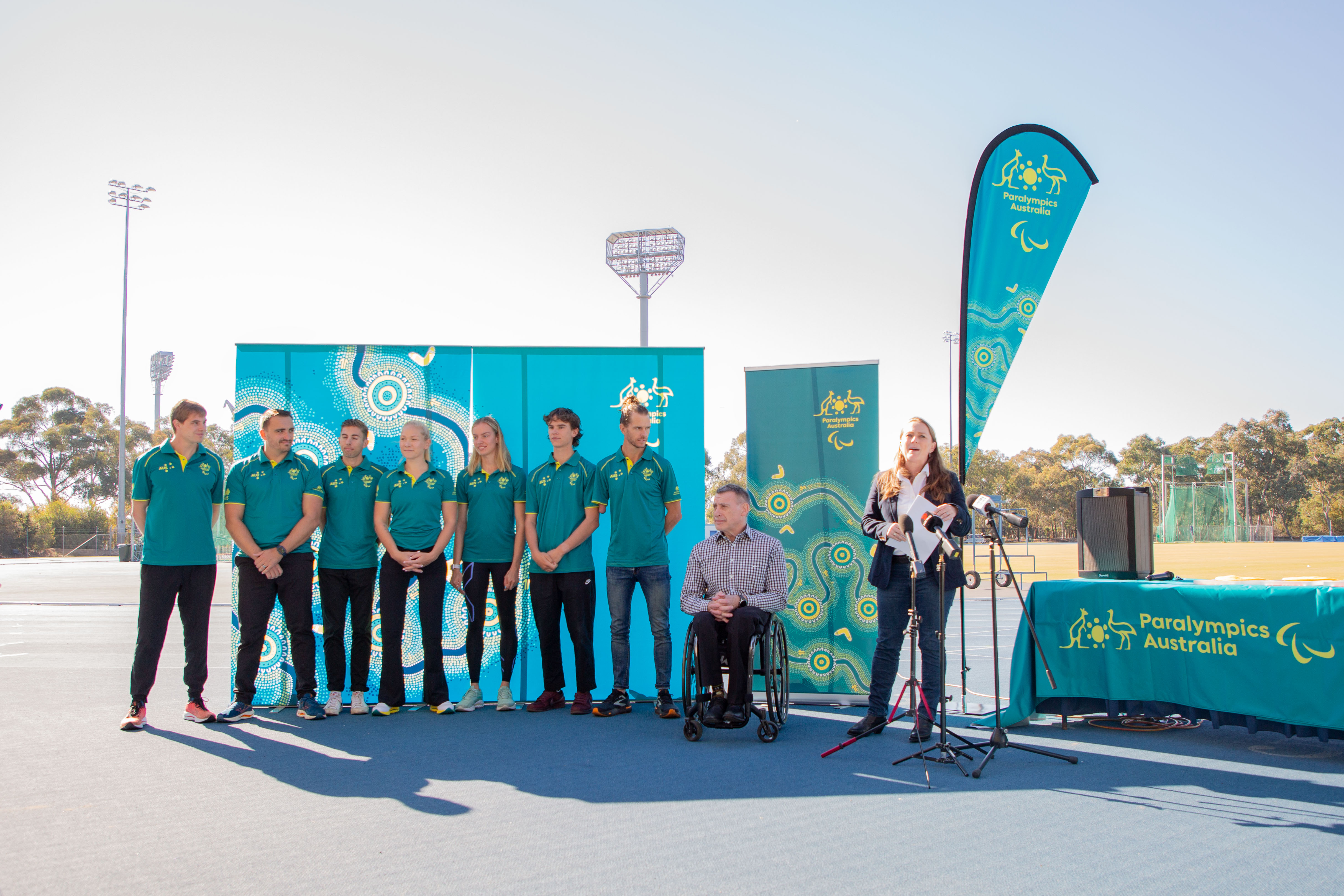 Chef de Mission Kate McLoughlin, along with former Paralympian Richard Nicholson with the first Para-athletes to be selected for Paris.