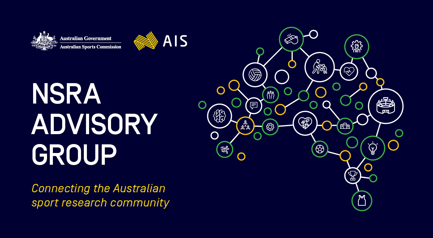 Text: NSRA Advisory Group, Connecting the Australian Sport Research community. icons depicting sporting equipment, people playing sport, people and ideas linked together in the shape of a map of Australia. ASC Crest and AIS logo