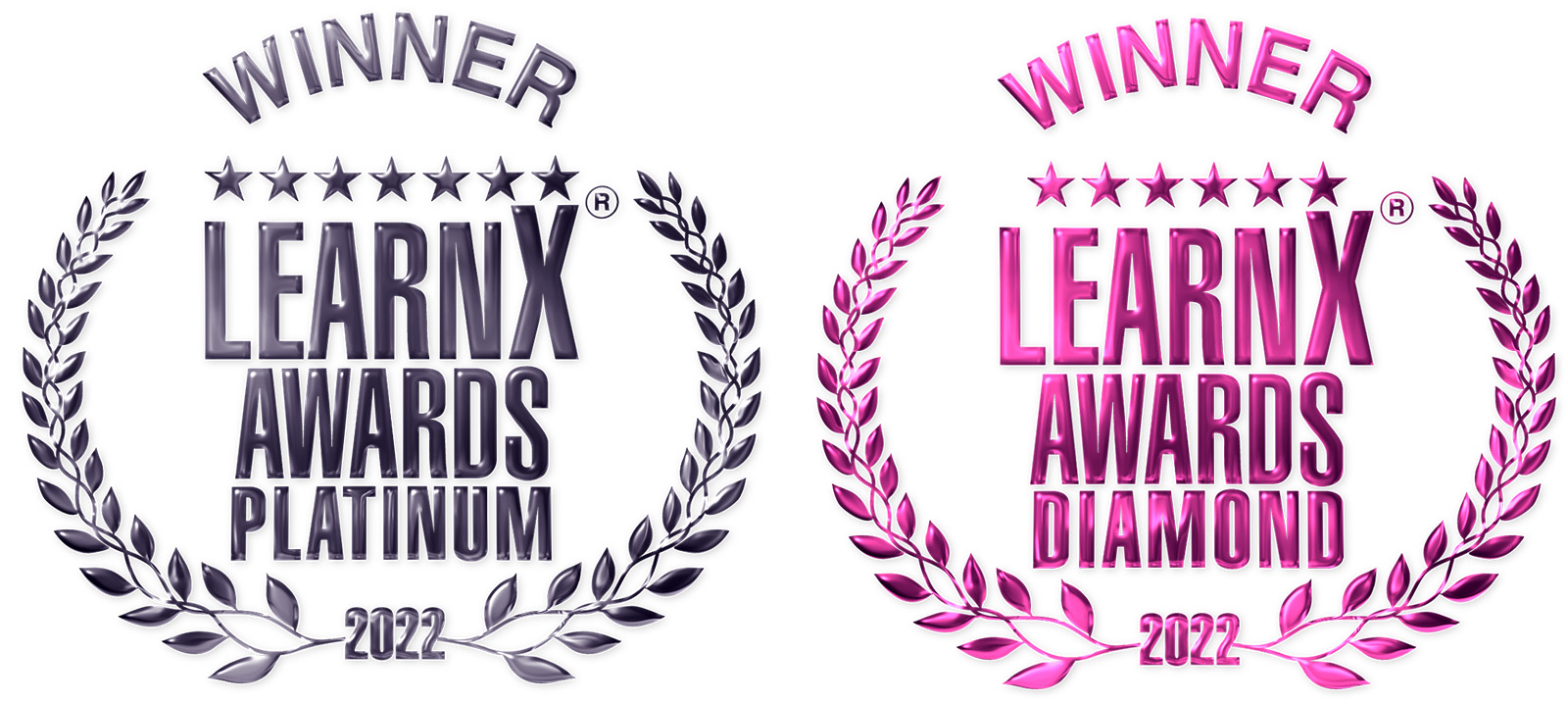 Graphics of the 2022 LearnX awards, showing wreaths around text with seven stars for the platinum award and six stars for the diamond award.