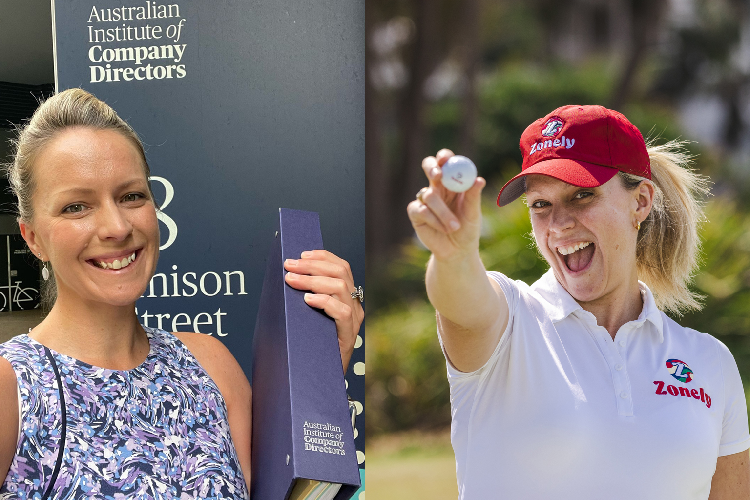 Alicia Nagle with Australian Institute of Company Directors Course book, and holding up a golf ball while wearing Zonely hat and shirt.