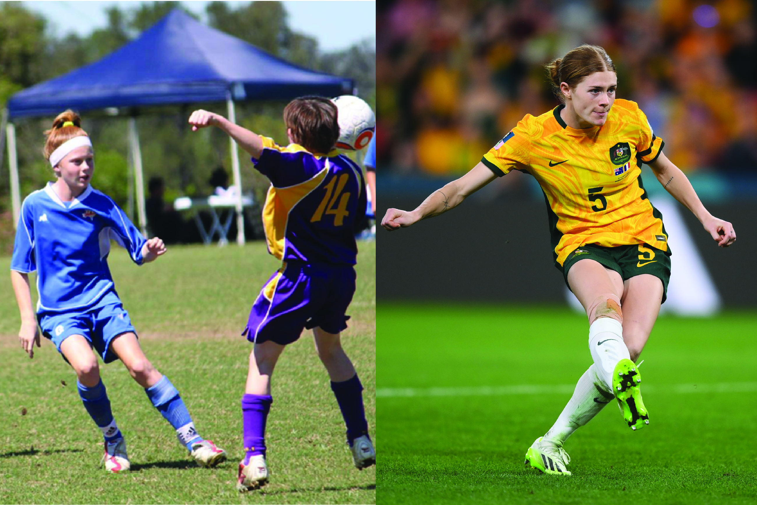 Cortnee Vine as child playing soccer on left, Cortnee Vine kicking the winning goal on right.