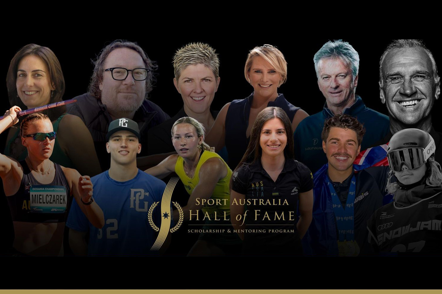 Compilation of mentor and athlete headshots with the Sport Australia Hall of Fame logo