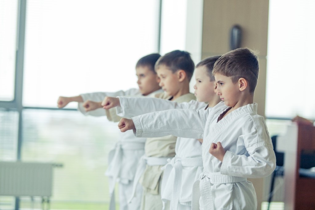 Students in a line, practising taekwondo