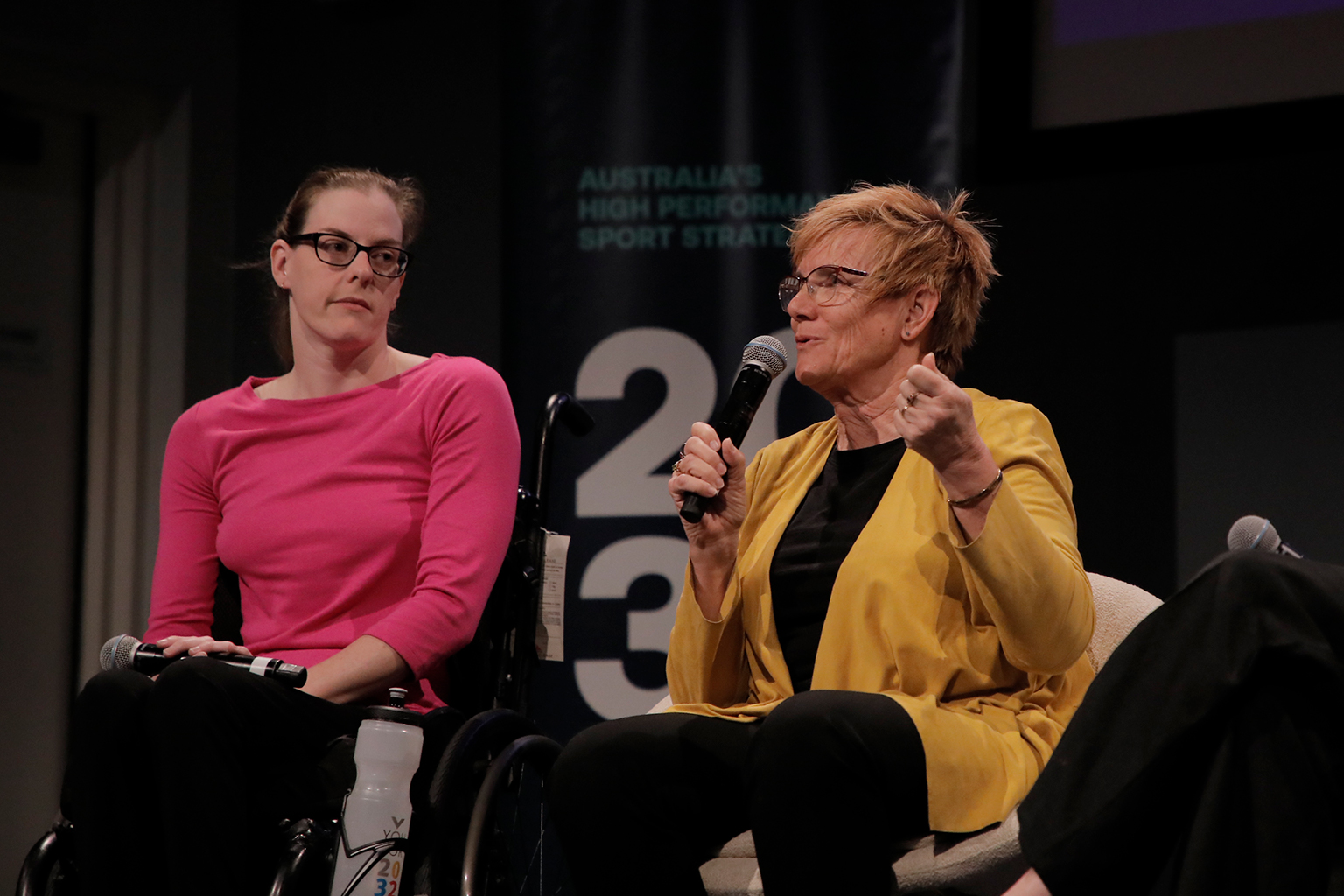 A woman in a wheelchair and a woman holding a microphone