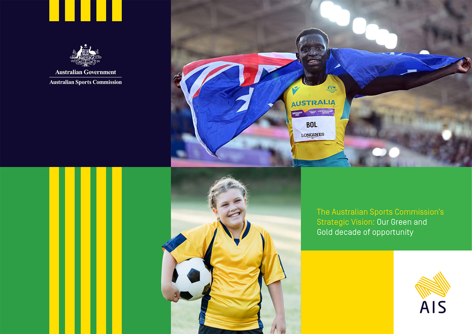 Cover artwork for The Australian Sports Commission's Strategic Vision: Our Green and Gold decade of opportunity, including picture of athlete Peter Bol holding the Australian flag and a young girl holding a football.