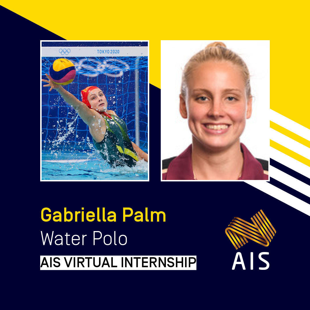 graphic with photos of Gabrialla Palm playing water polo and headshot. Text: Gabriella Palm, Water Polo, AIS virtual internship