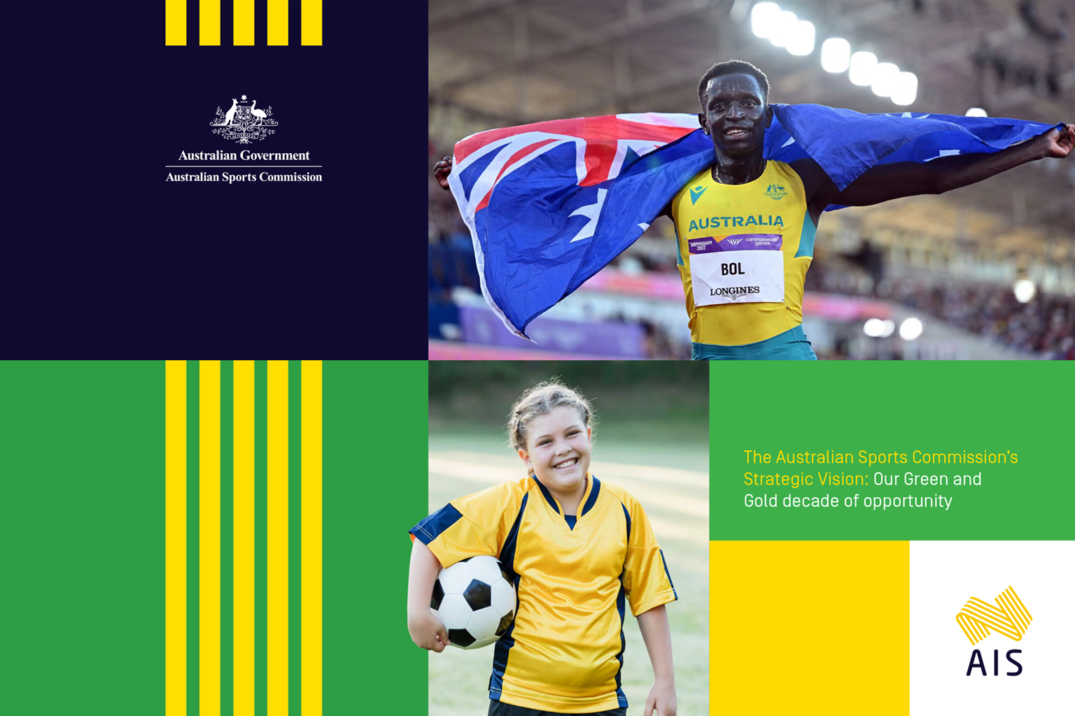 The Australia Sport's Commission's Strategic Vision: Our Green and Gold decade of opportunity, including an image of athlete Peter Bol and a girl football player