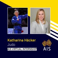 graphic with photos of Katharina hacker competing and headshot. Text: Katharina Hacker, Judo, AIS virtual internship