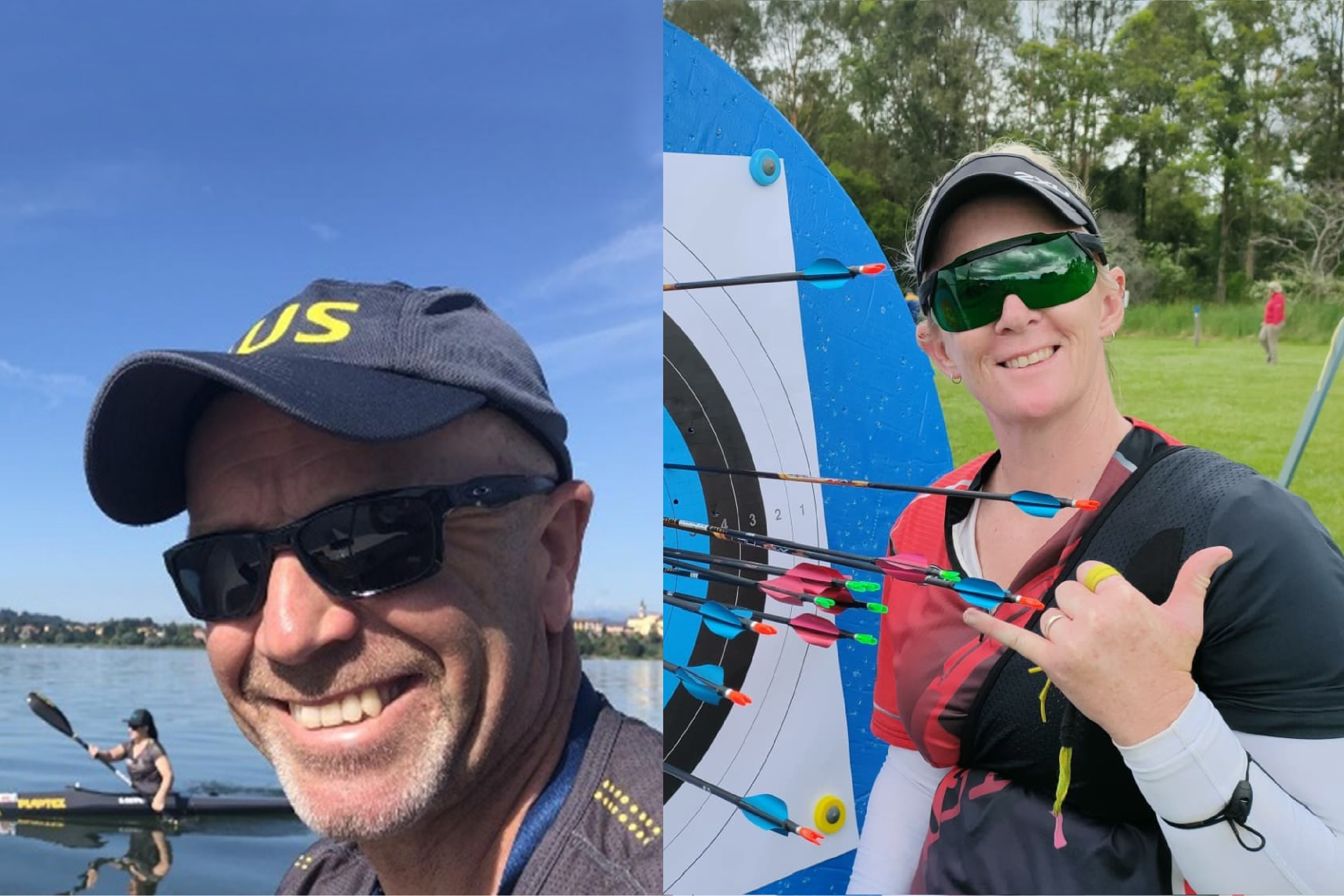 Shaun Caven smiling while on boat, Sarah Fuller drawing bow.