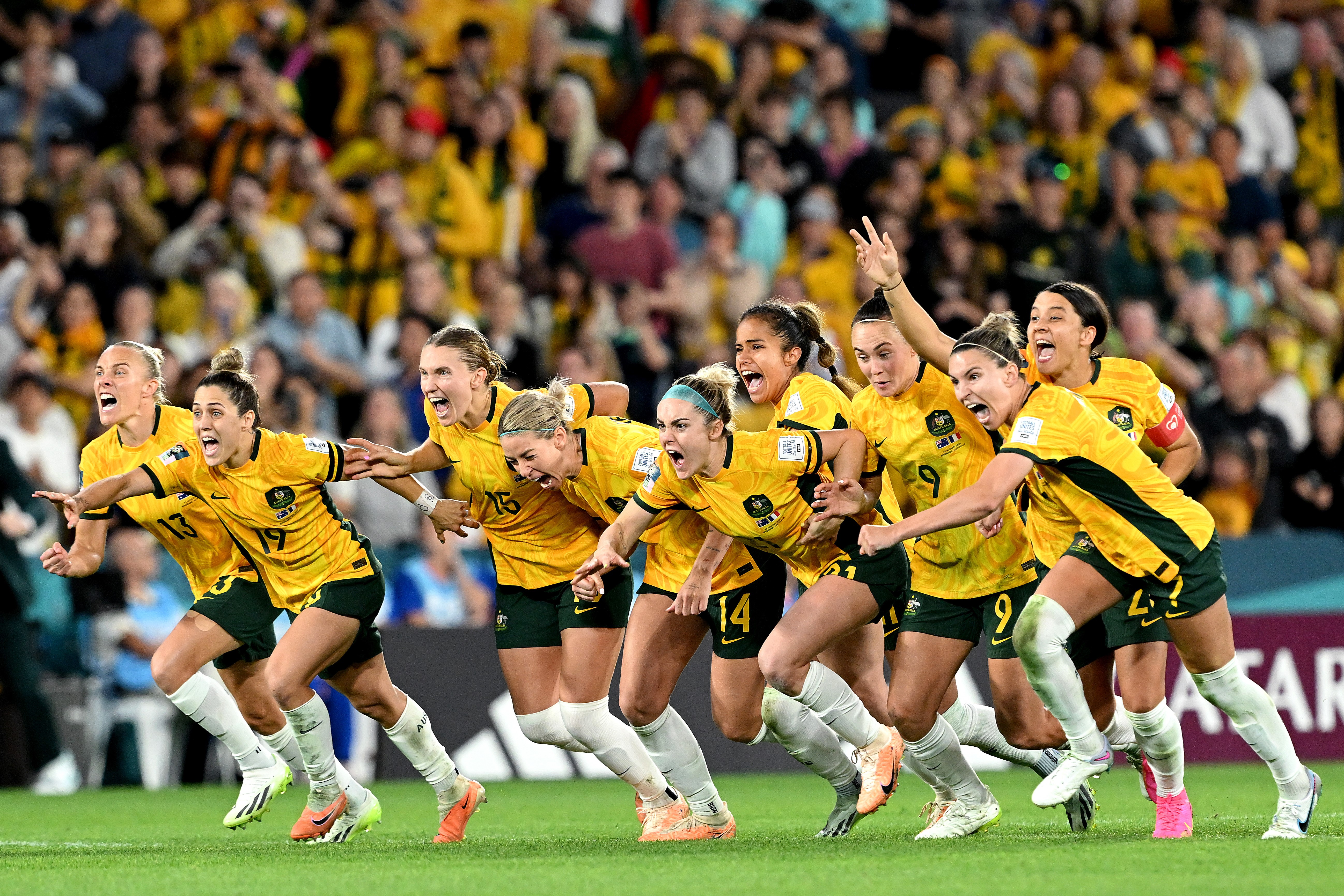 The Matildas celebrate defeating France in a penalty shootout in the FIFA Women's World Cup quarter-final.