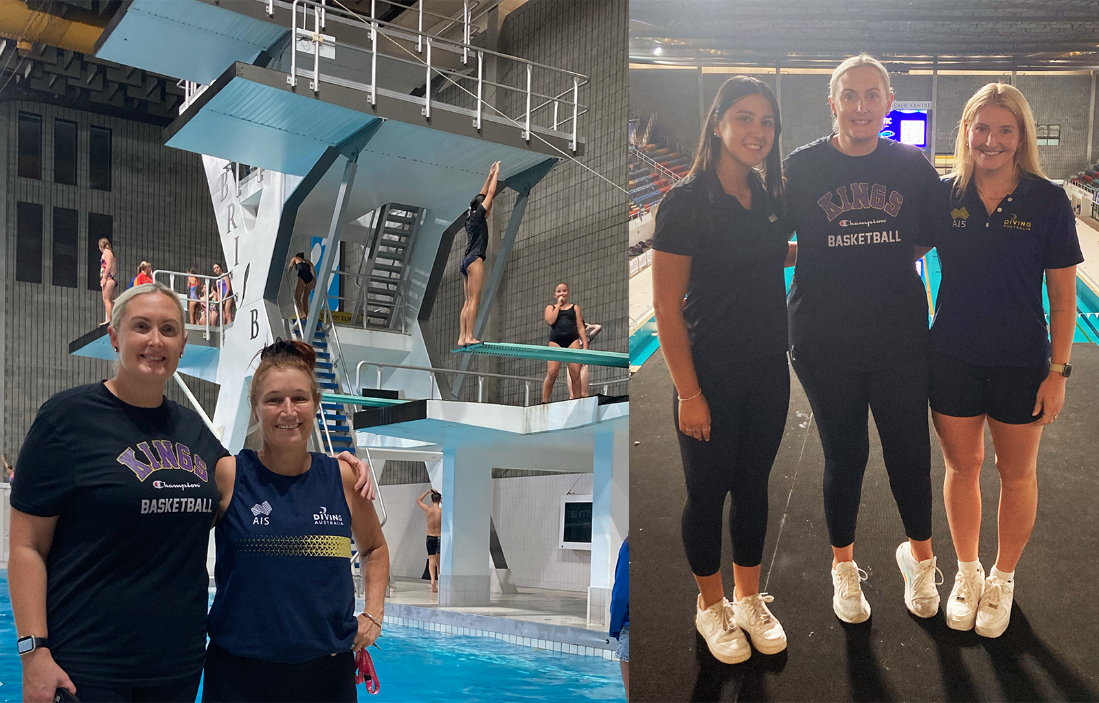 Collage of people posing at a diving pool