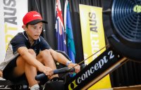 A student uses a rowing machine