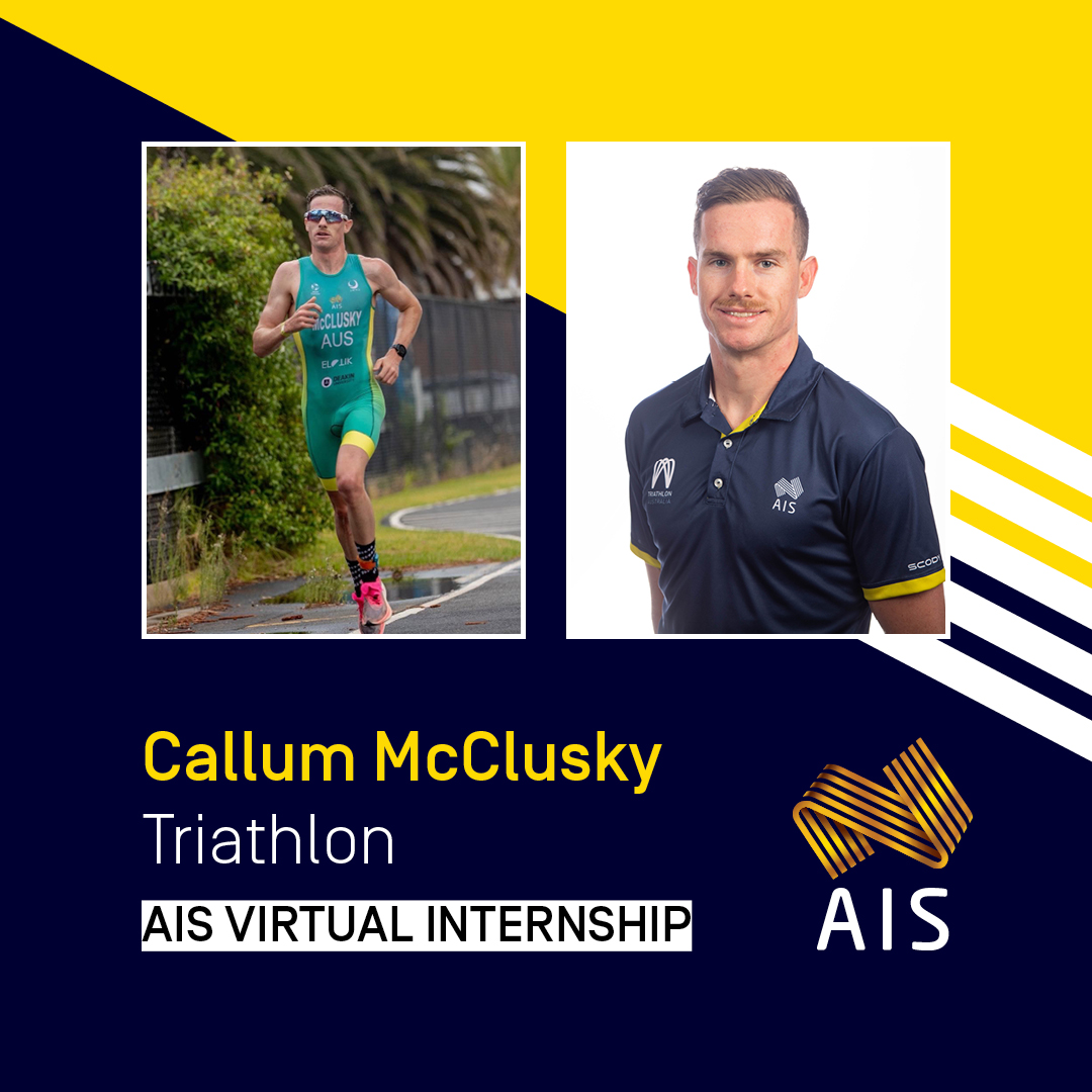 Graphic with photos of Callum McClusky competiting and a headshot. Text: Callum McClusky Triathlon, AIS virtual internship 